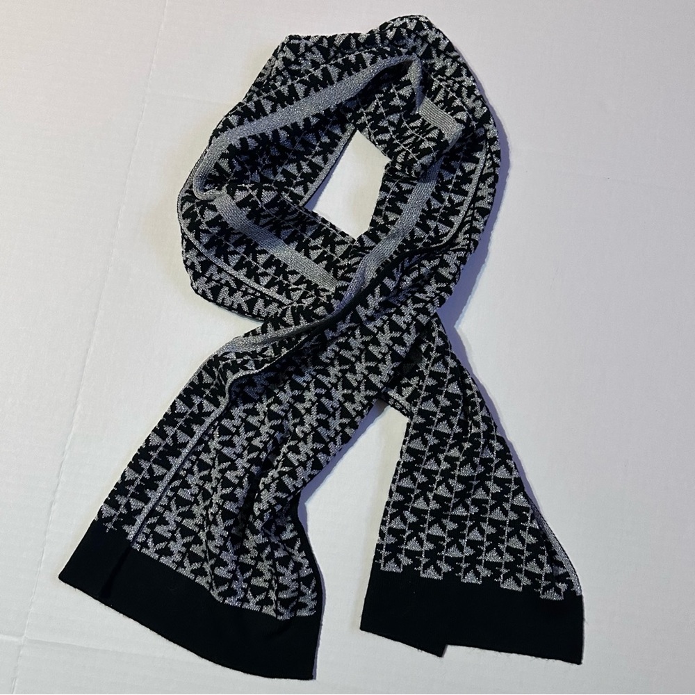 Michael Kors Scarf Black Silver Metallic MK Logo Monogram Designer